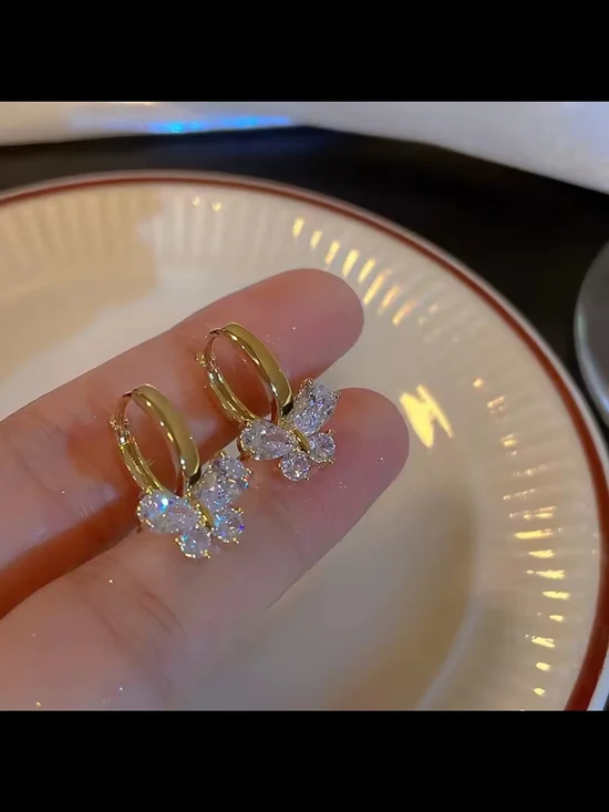 Gold Butterfly Hoop Earrings with Clear Crystals - Picture 5 of 5